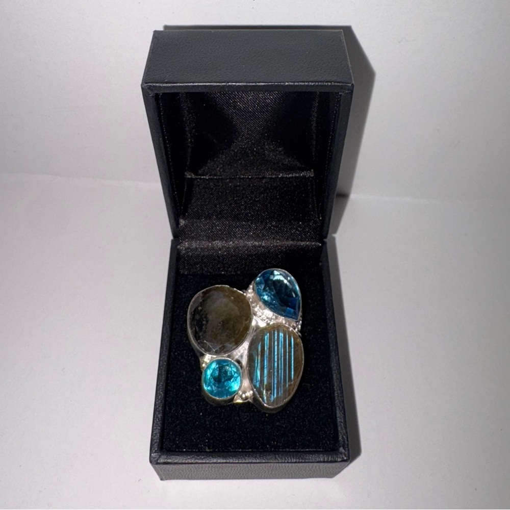 925 Sterling Silver Apatite Blue Topaz Labradorite Artisan Cluster Ring Size 7
